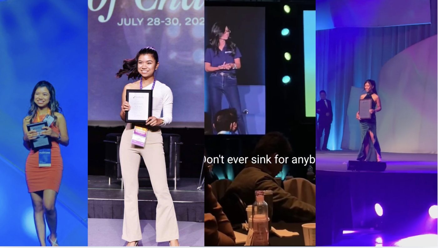 Ms. Hana receiving awards and speaking on stage at company events